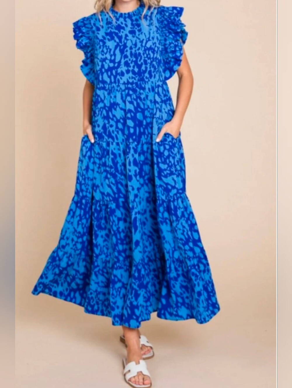 Blue Printed Flutter-Sleeve Maxi Dress